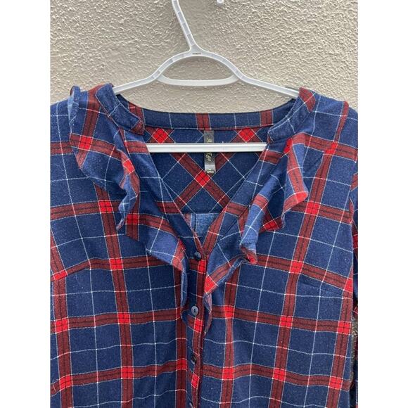 Alter Ego Womens Blue Red Plaid Ruffled Long Sleeve Button-Down Shirt Medium - Picture 2 of 10